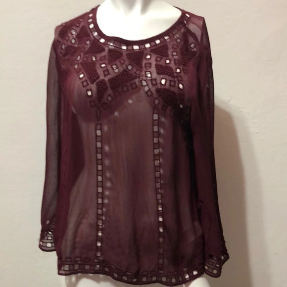 Joie Burgundy Chiffon Semi-Sheer Blouse Size Small - Picture 2 of 4